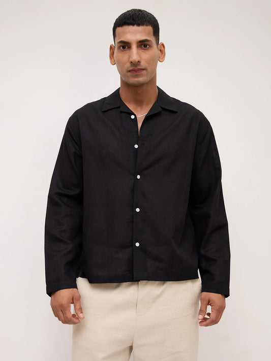 Luxe Black Linen Blend Notch Collar Oversized Shirt