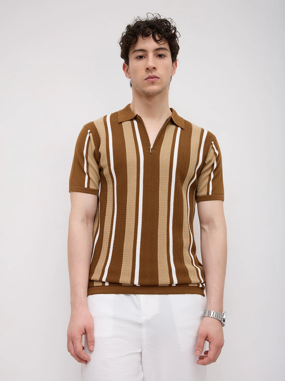 Retro Riviera Vertical Flat Knit Polo T-Shirt
