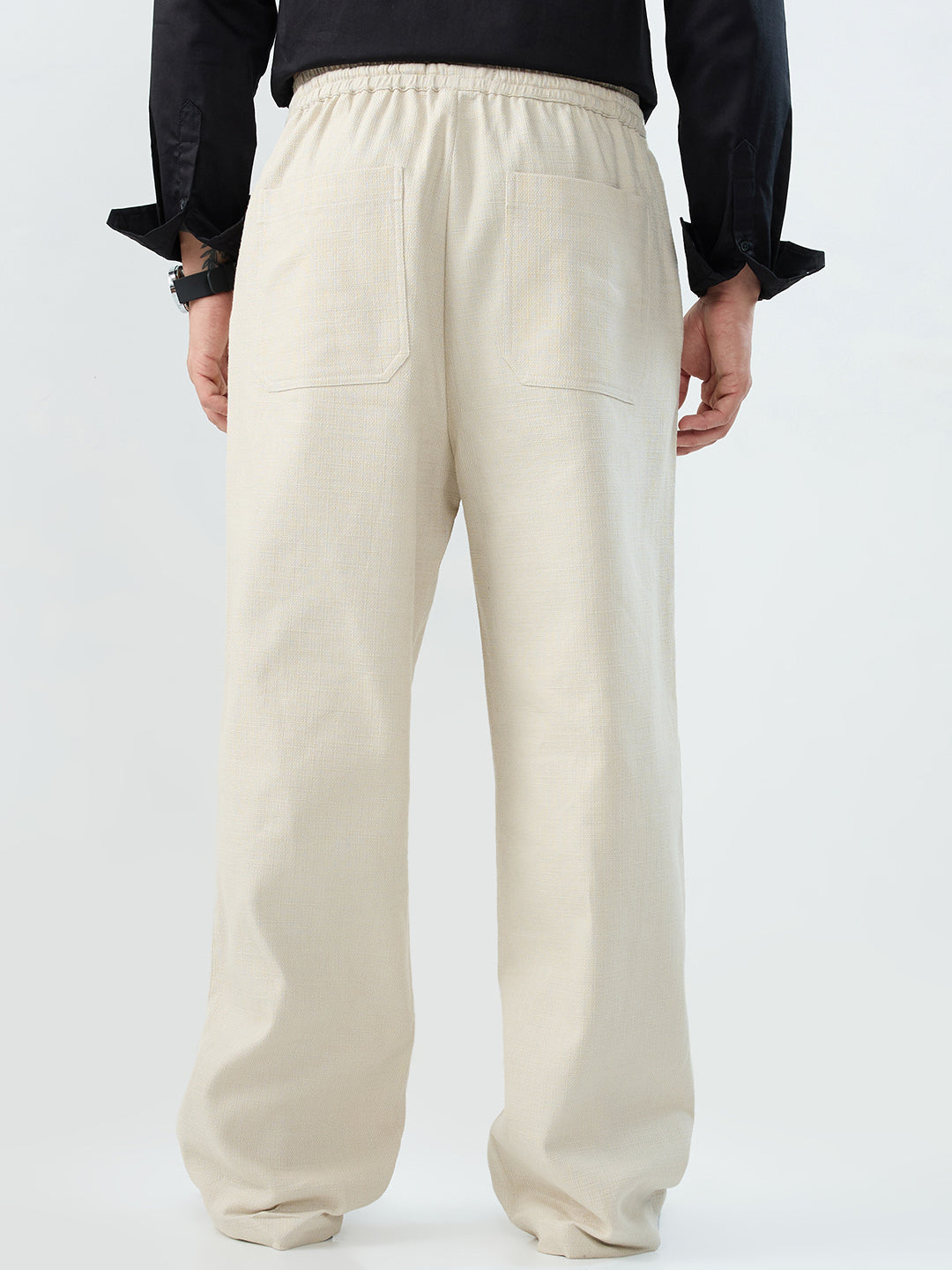Beige Slub Textured Straight-Fit Trousers