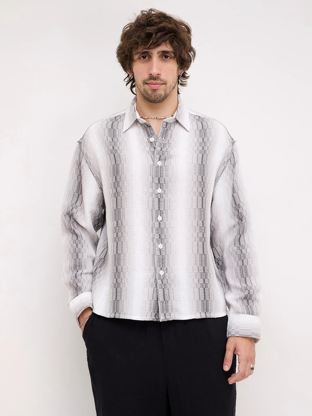 Monochrome Shadow Interlock Loom Striped Boxy Fit Crop Shirt