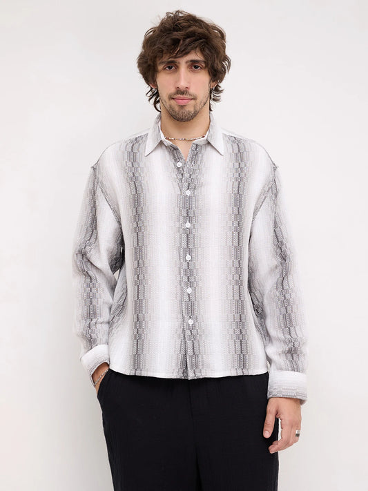 Monochrome Shadow Interlock Loom Striped Boxy Fit Crop Shirt