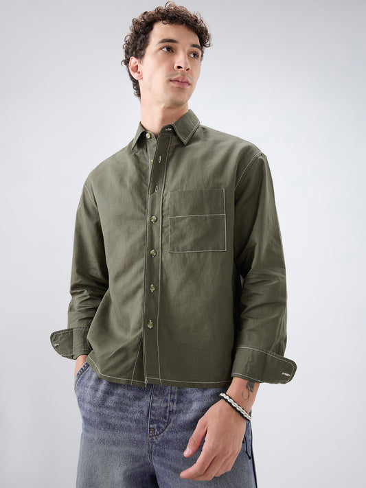 Timeless Olive Linen Blend Contrast Stitch Boxy Fit Crop Shirt