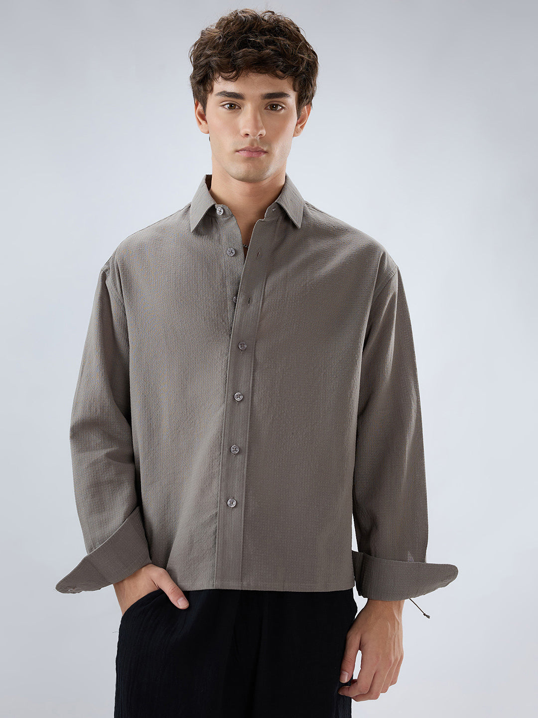 Ash Grey Micro Checked Weave Boxy Fit Crop Shirt
