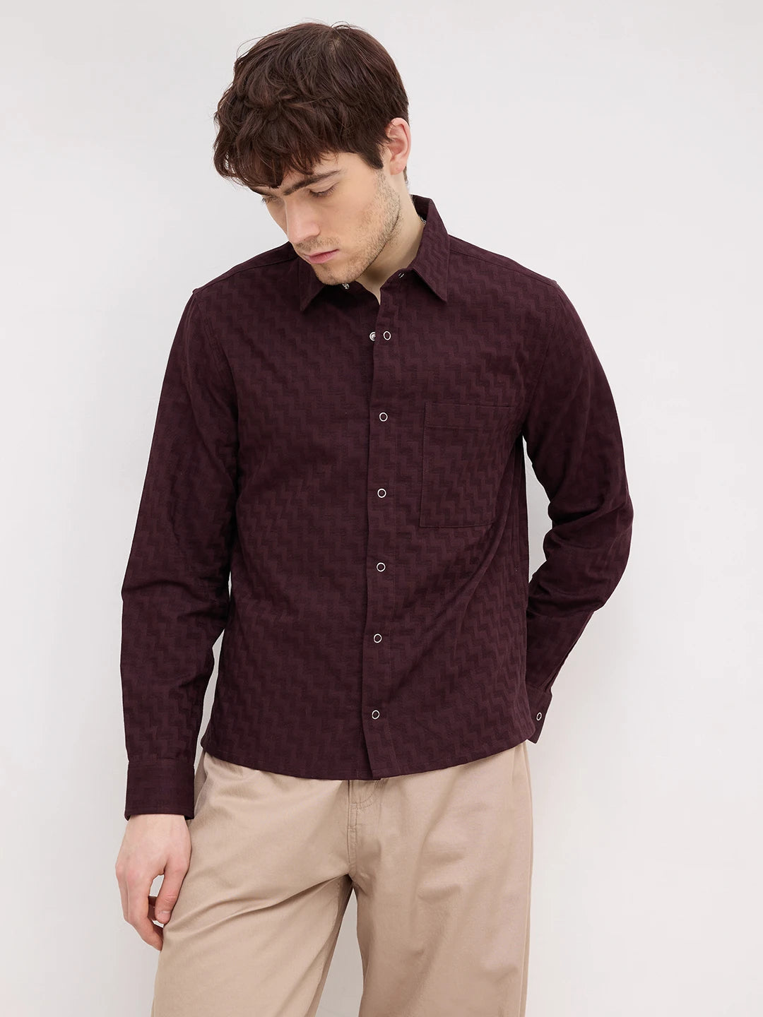 Rich Wine Maze Textured Straight Hem Crop Shirt