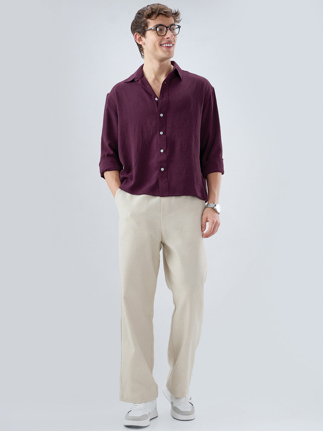 Deep Maroon Soft Crush Fine Grid Textured Boxy Fit Crop Shirt