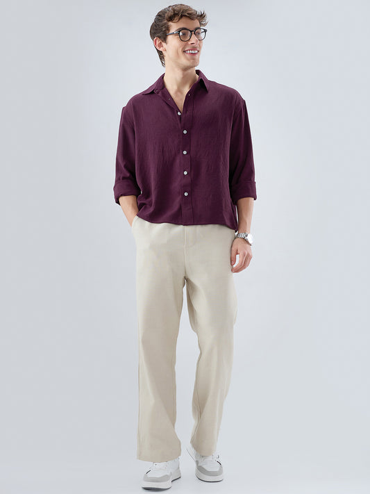 Deep Maroon Soft Crush Fine Grid Textured Boxy Fit Crop Shirt