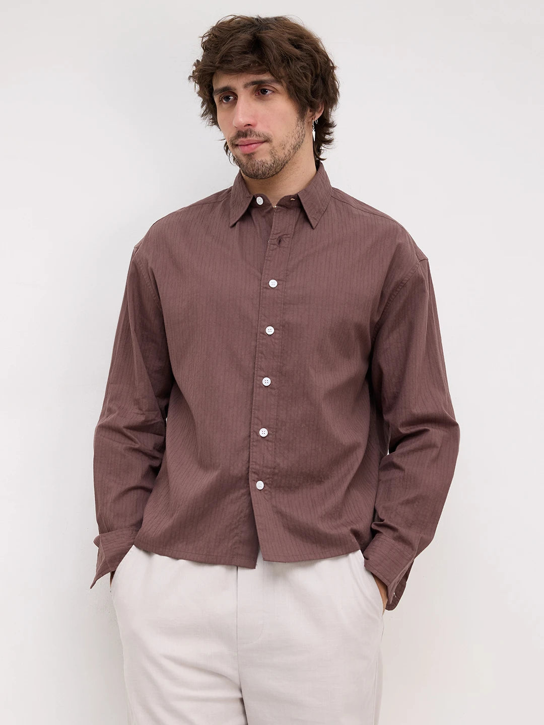 Deep Bark Brown Fine Textured Boxy Fit Crop Shirt