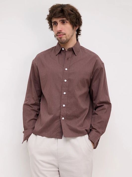 Deep Bark Brown Fine Textured Boxy Fit Crop Shirt