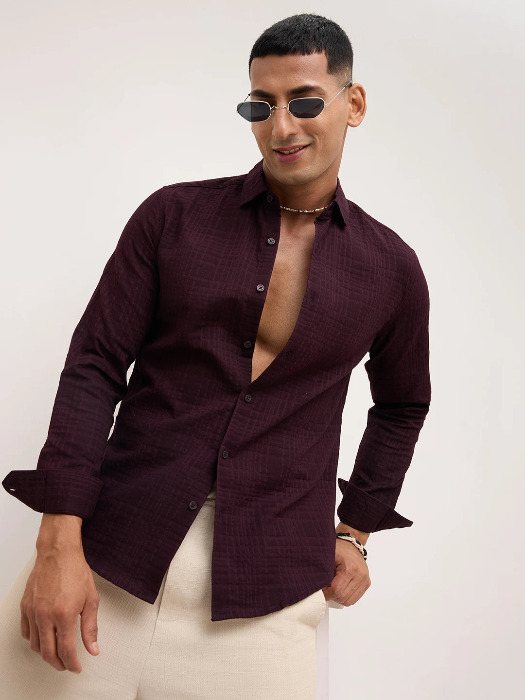 Royal Wine Ledger Checks Double Cloth Shirt