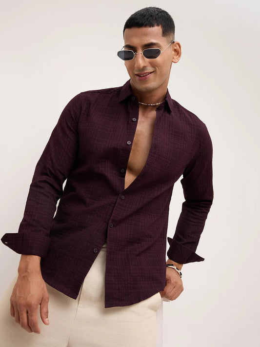 Royal Wine Ledger Checks Textured Double Cloth Shirt