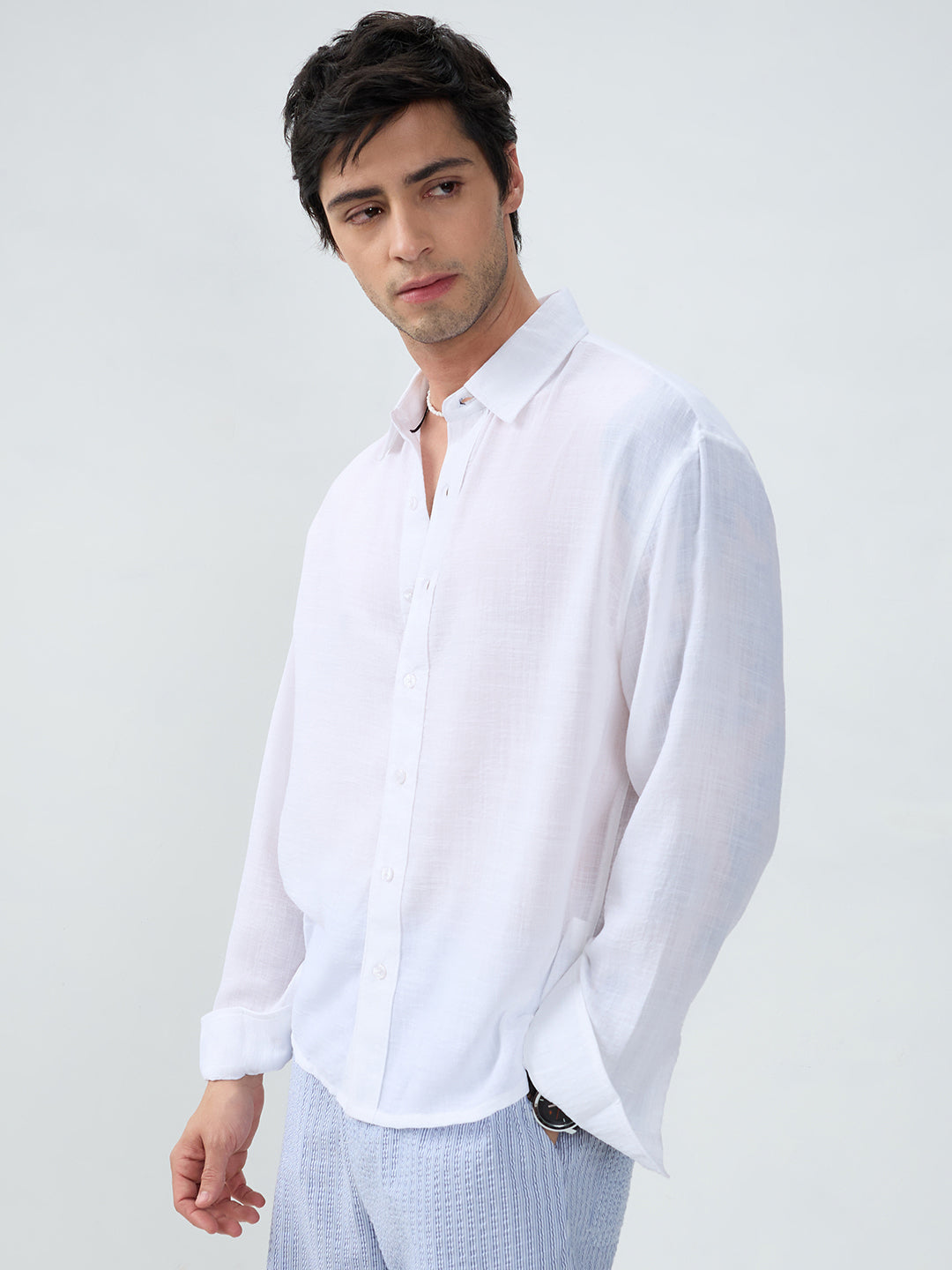 Elegant Pearl White Sheer-Weave Boxy Fit Crop Shirt