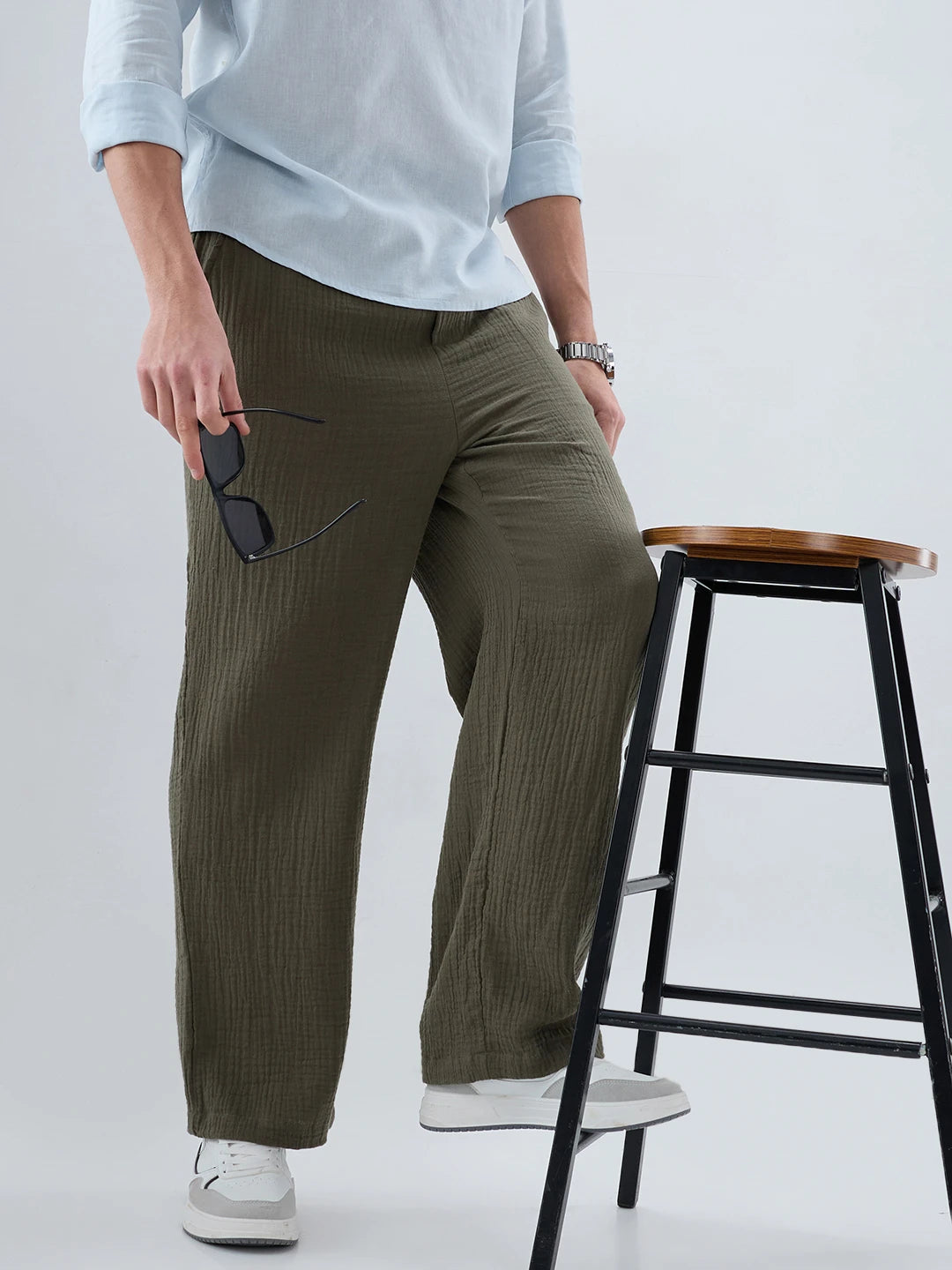 Olive Double Cloth Straight Fit Trousers