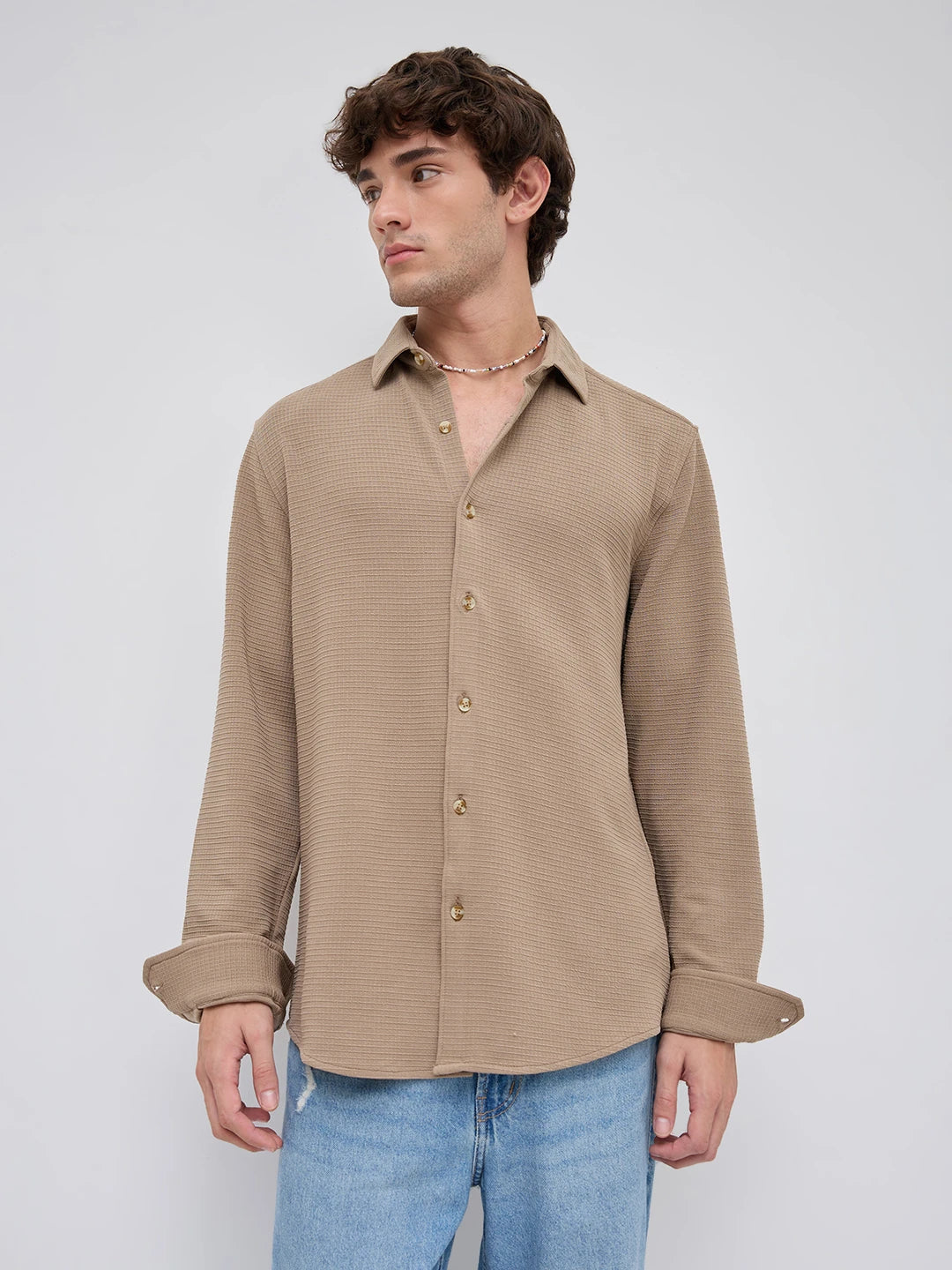 Refined Khaki Gingham Checks Knitted Shirt