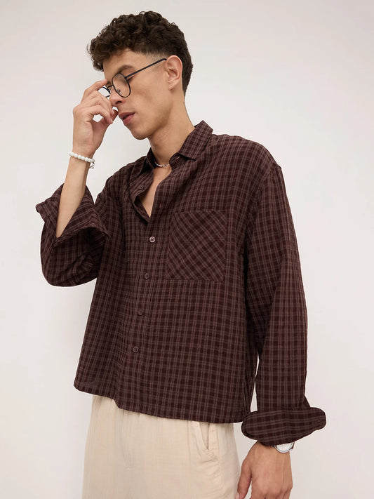 Warm Espresso Windowpane Checks Boxy Fit Crop Shirt