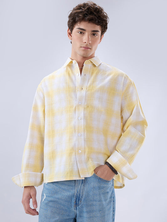 Sun Yellow Slub Grid Checks Boxy Fit Crop Shirt