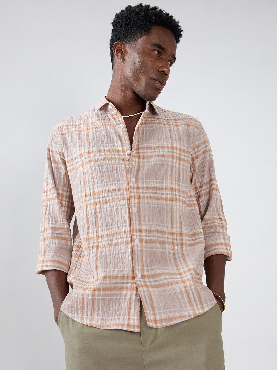 Grey & Rust Plaid Checks Crinkled Shirt