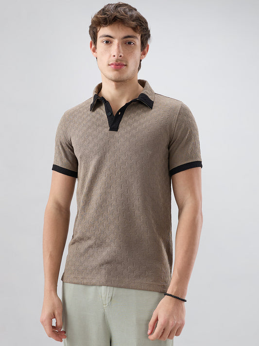Taupe Textured Contrast Polo Neck Knit T-shirt