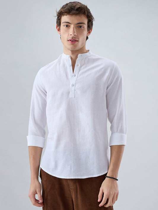 Pearl White Slub Textured Linen Blend Kurta