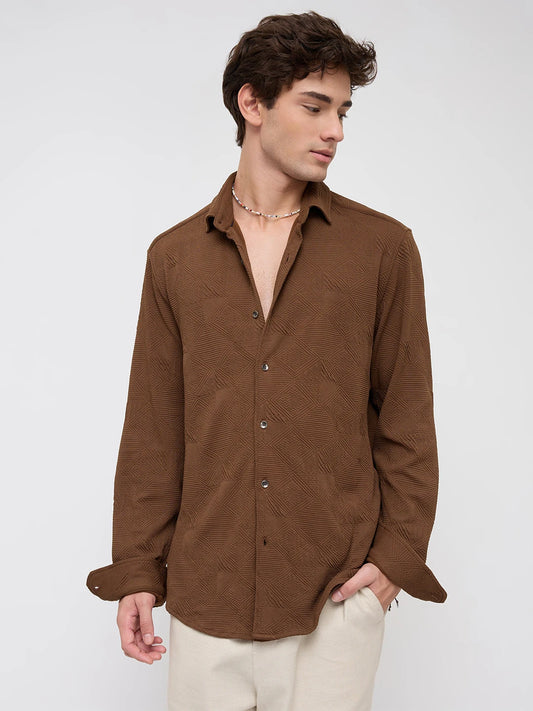 Refined Brown Maze Textured Knitted Shirt