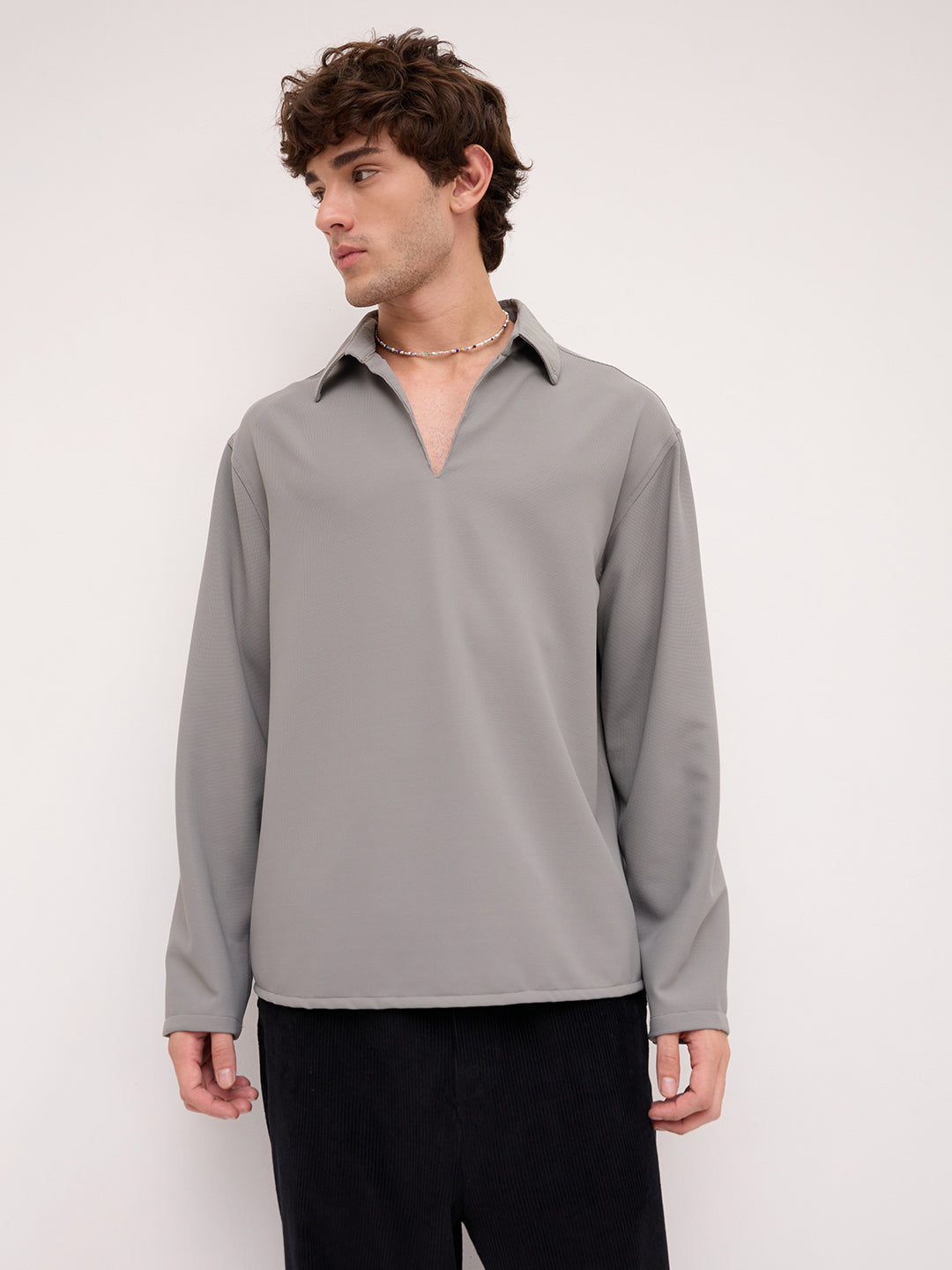 Spanish Grey Oversized Polo Tencel Knit Shirt
