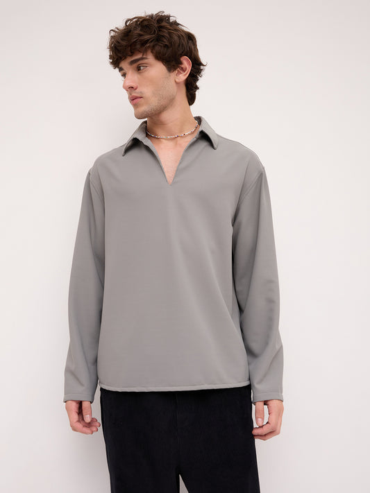 Spanish Grey Oversized Polo Tencel Knit Shirt