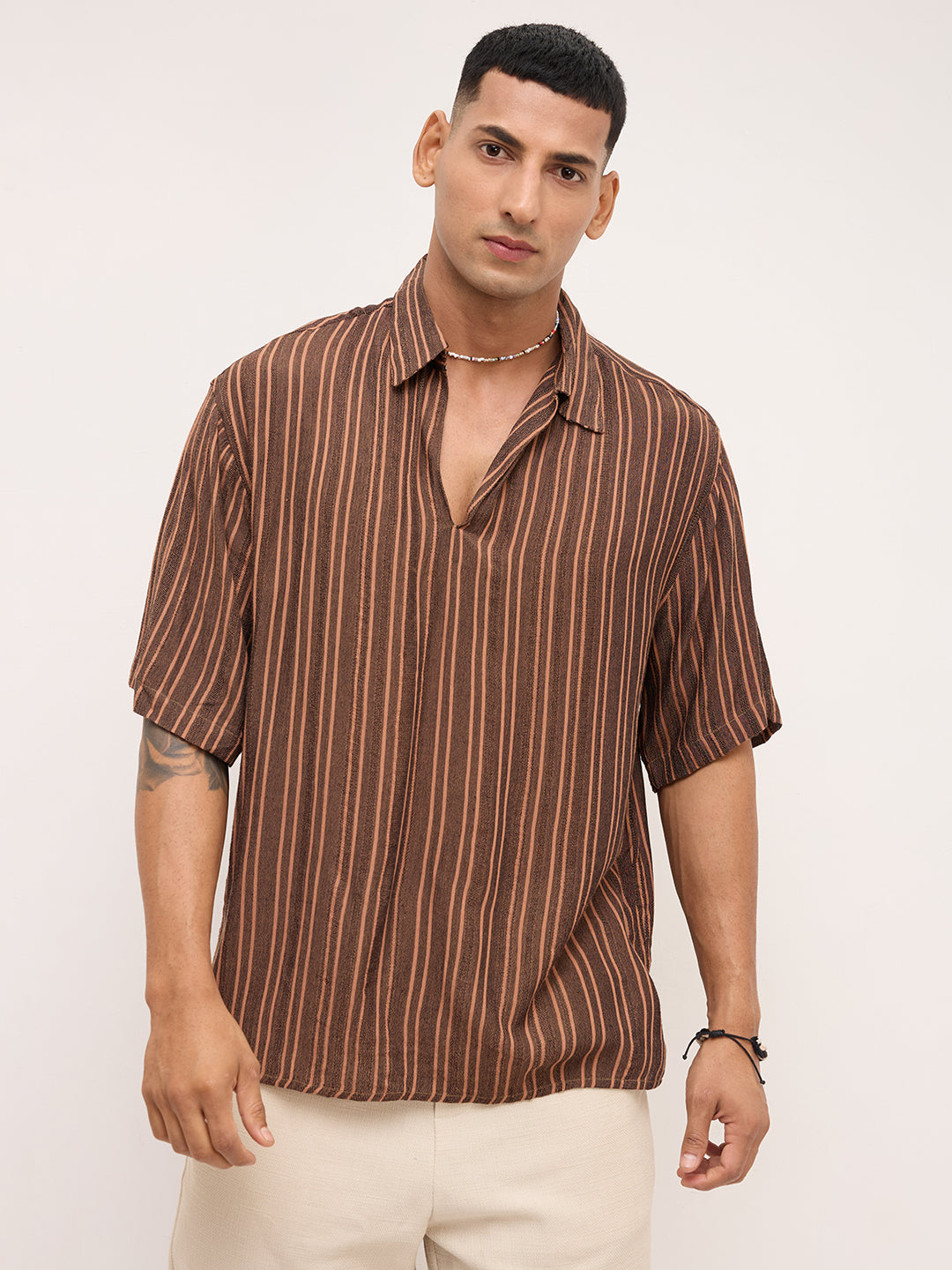Brown Dobby Striped Oversized Polo Shirt