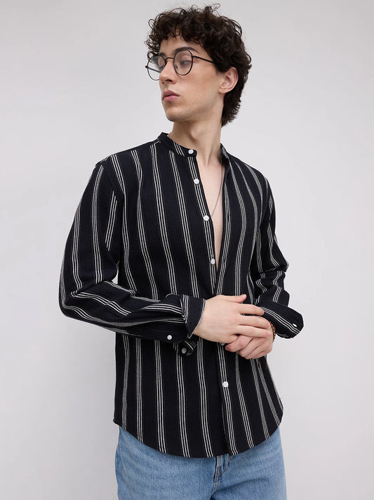 Black & White Vertical Striped Mandarin Shirt