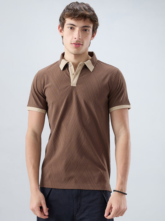 Coffee Brown Contrast Polo Neck Knit T-shirt
