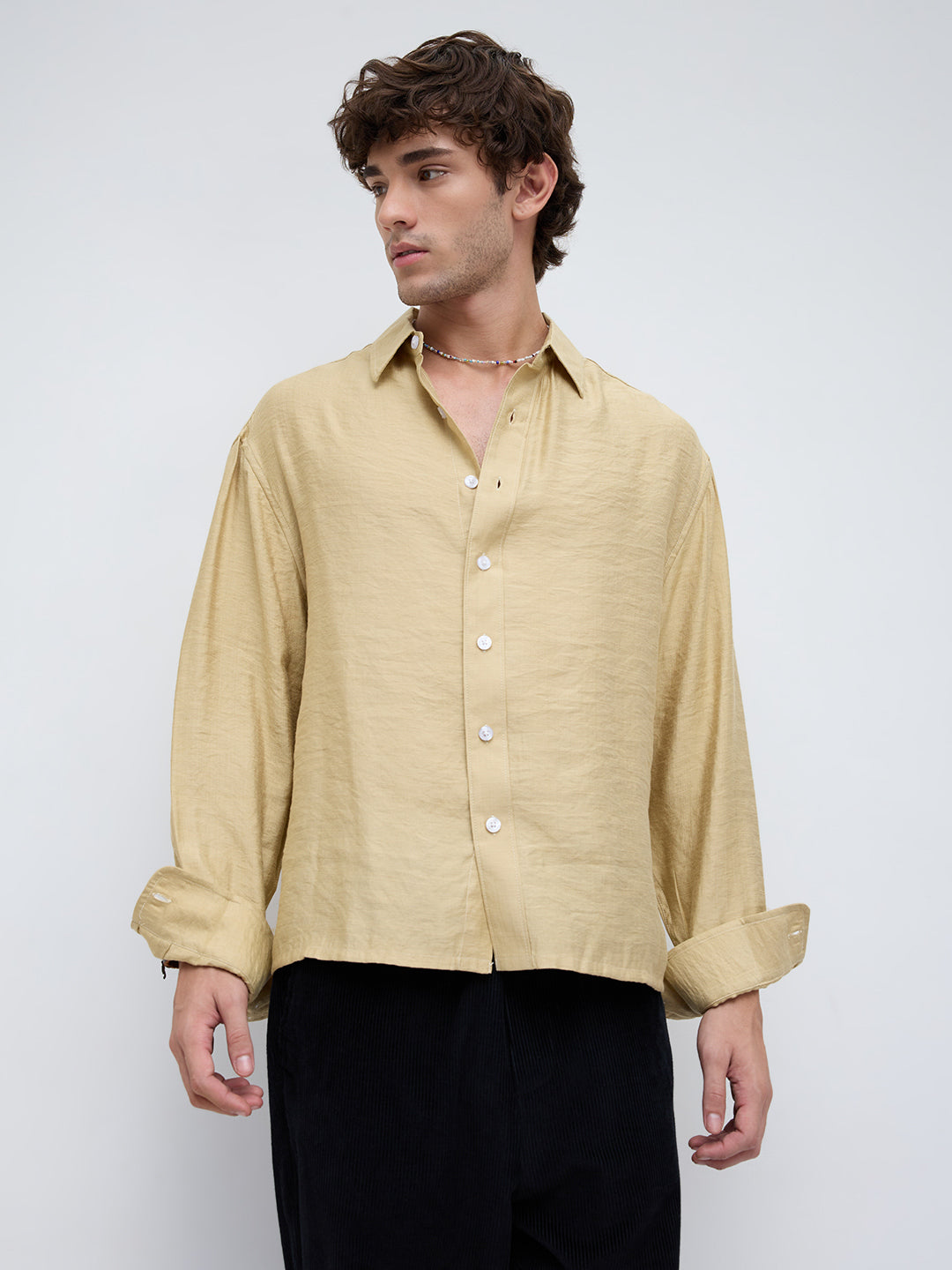 Dessert Gold Textured Boxy Fit Crop Shirt