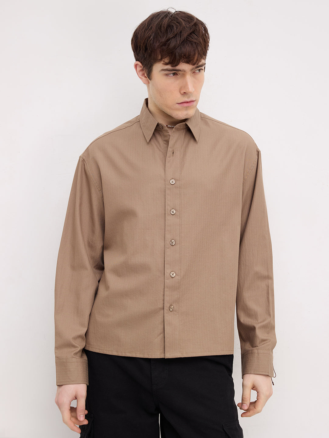 Deep Khaki Herringbone Textured Boxy Fit Crop Shirt