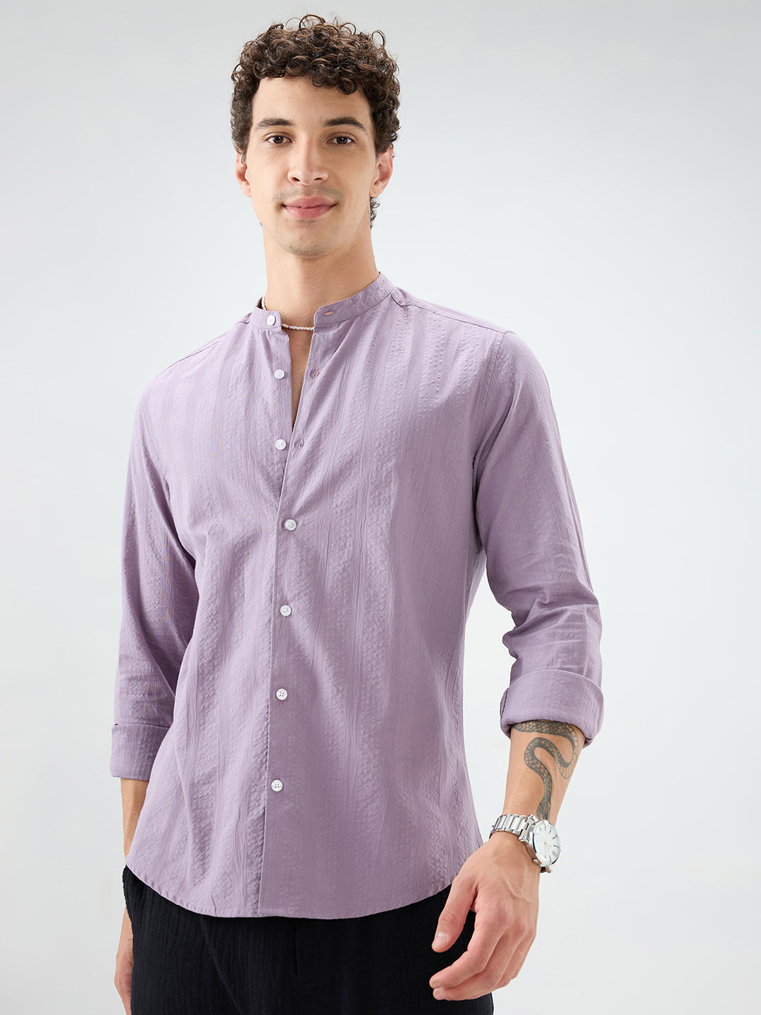 Soft Lavender Seersucker Striped Mandarin Shirt