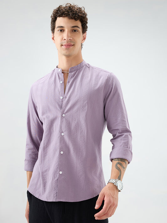 Soft Lavender Seersucker Striped Mandarin Shirt