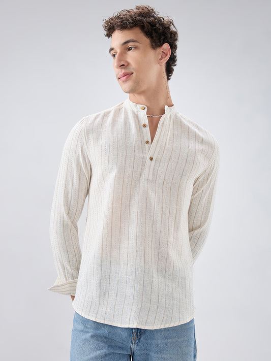 White & Beige Burlap Weaved Striped Kurta