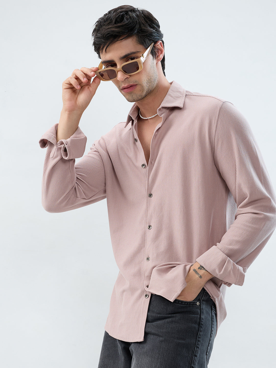 Oyster Pink Textured Knit Shirt
