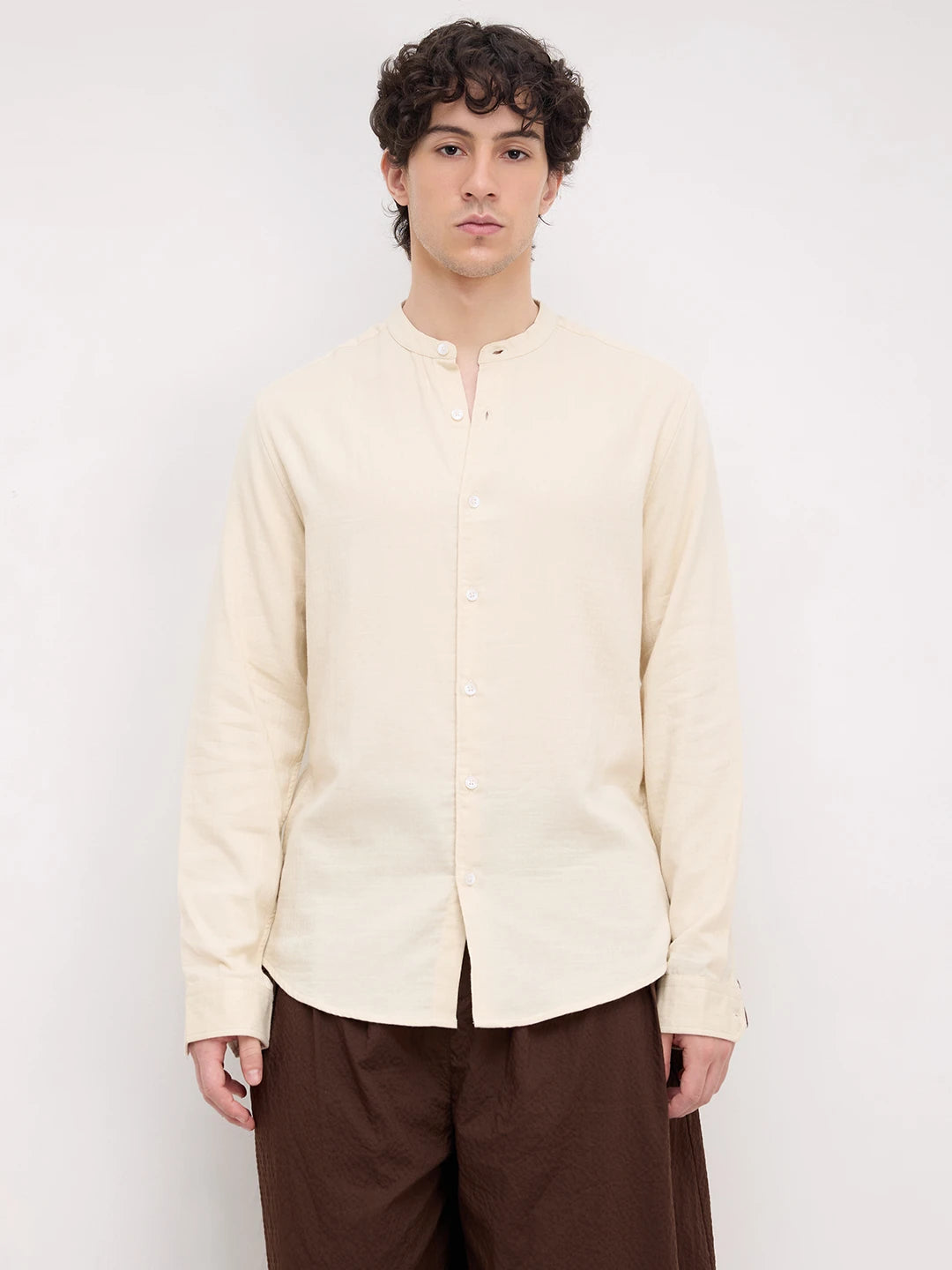 Bisque Beige Herringbone Textured Mandarin Shirt