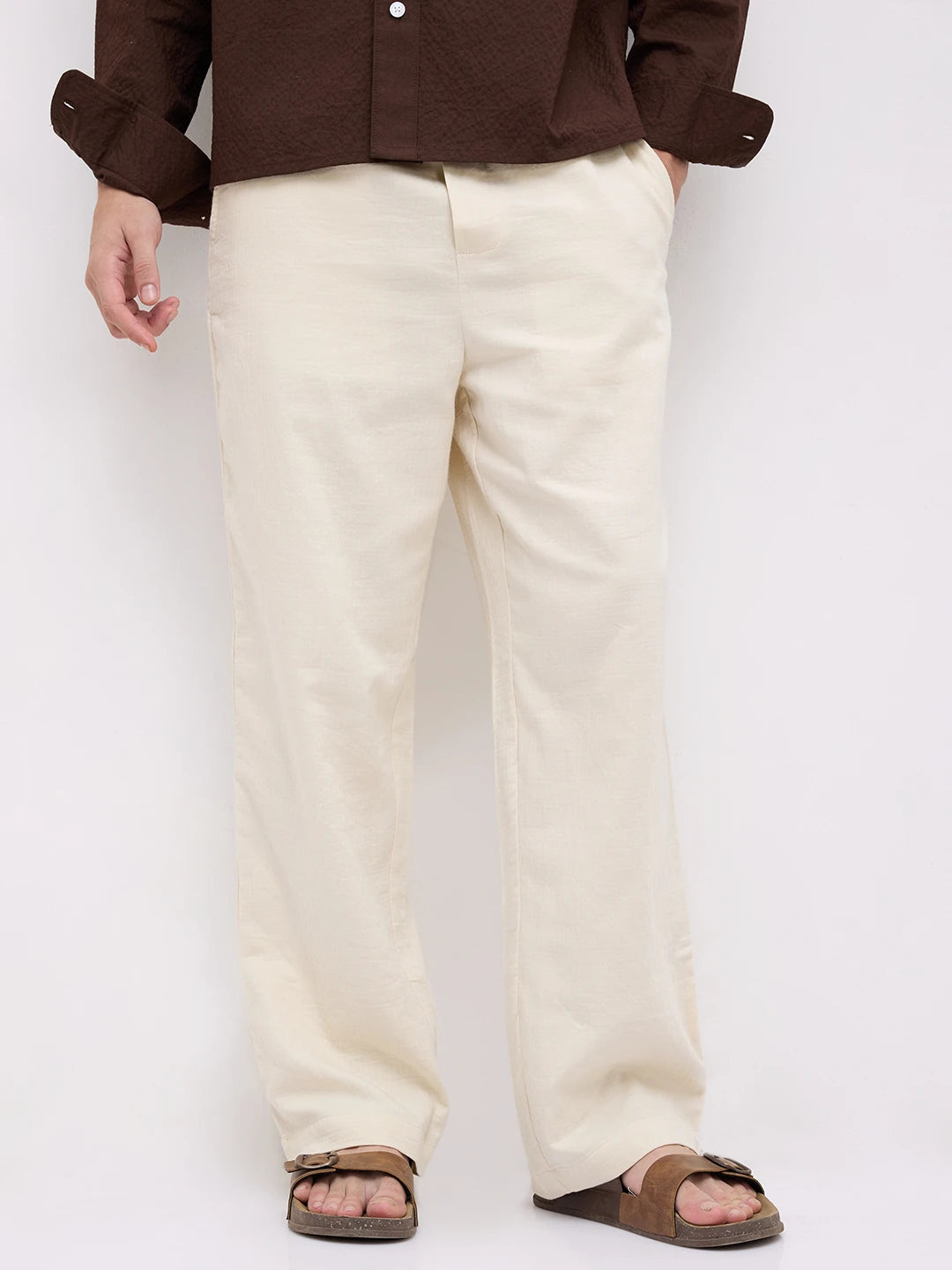 Cream Herringbone Textured Straight Fit Trousers
