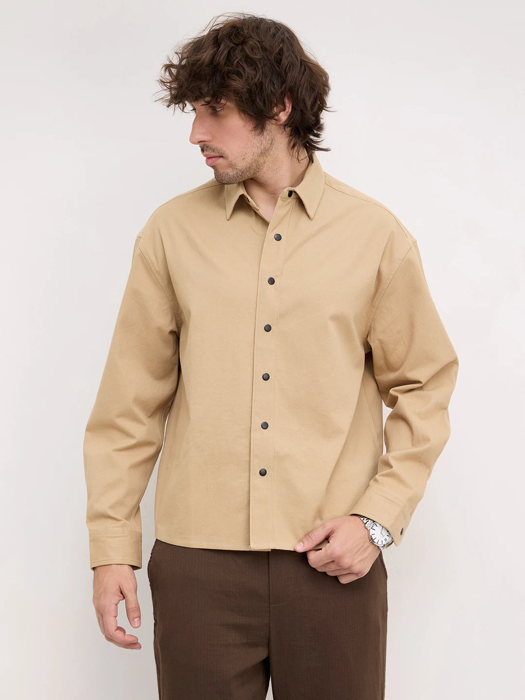 Luxe Soft Khaki Boxy Fit Crop Shirt