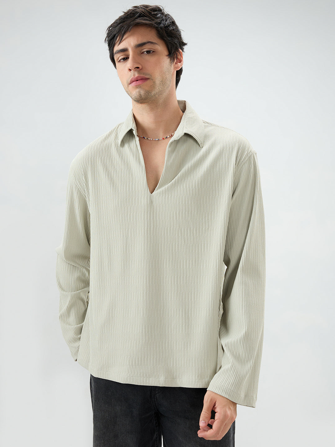 Sage Green Precision Ribbed Oversized Polo Knitted Shirt