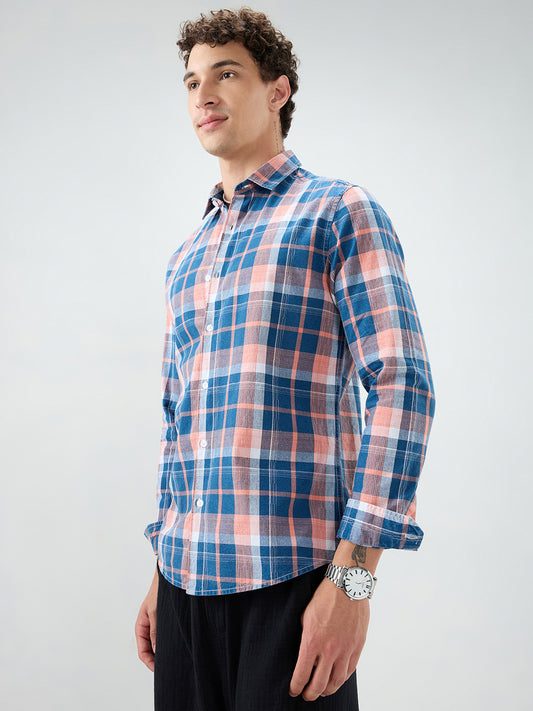 Denim Blue & Pink Multi Line Block Checks Shirt