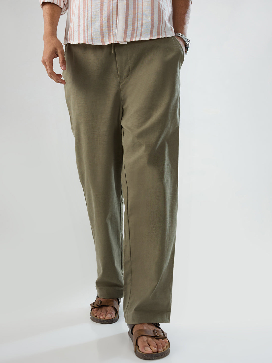 Olive Subtle HerrigboneTextured Straight-Fit Trousers