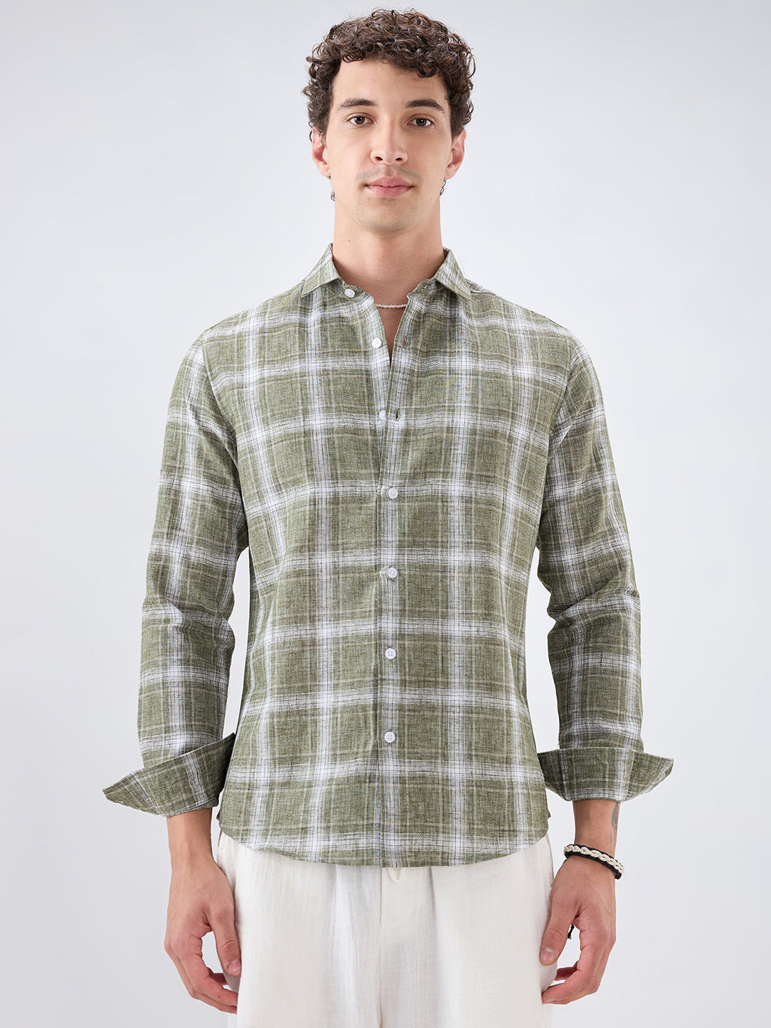 Olive Abstract Grid Checks Textured Shirt