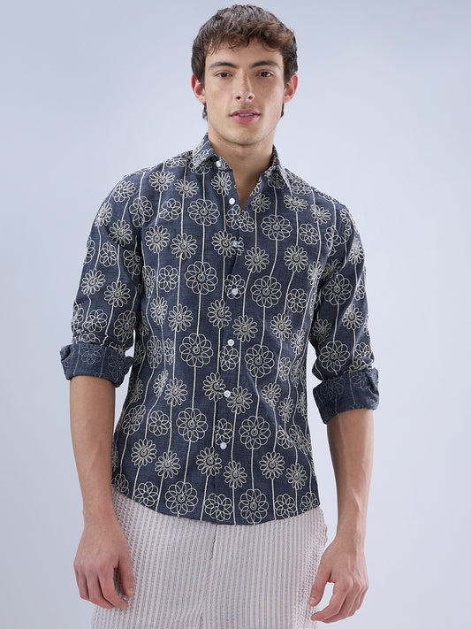 Anchor Grey Floral Embroidered Slub Shirt