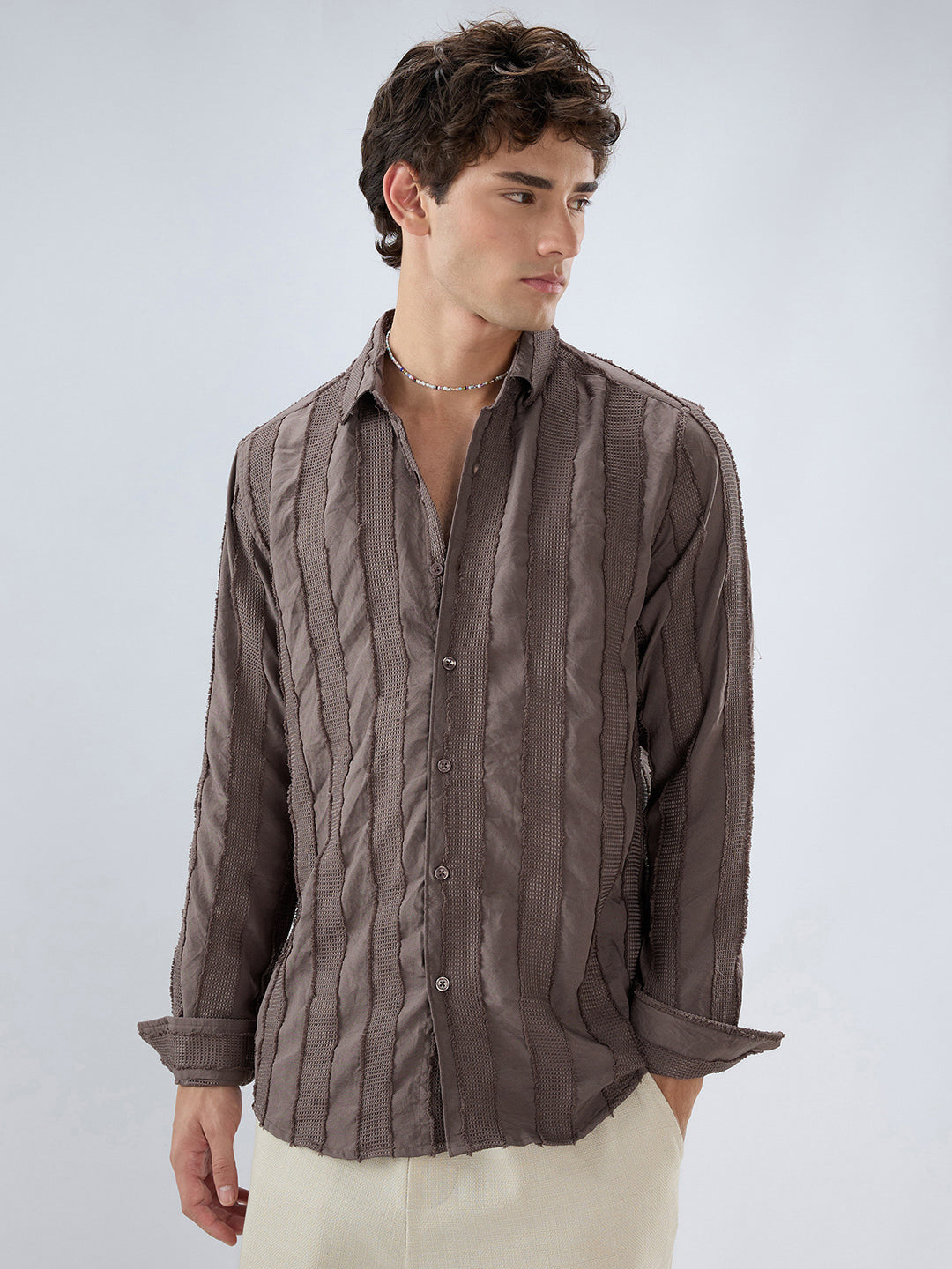 Chocolate Brown Frayed Panelled Waffle Textured Shirt
