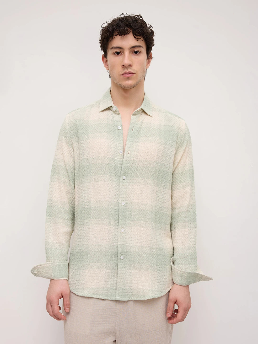 Soft Sage Honeycomb Grid Weave Shirt