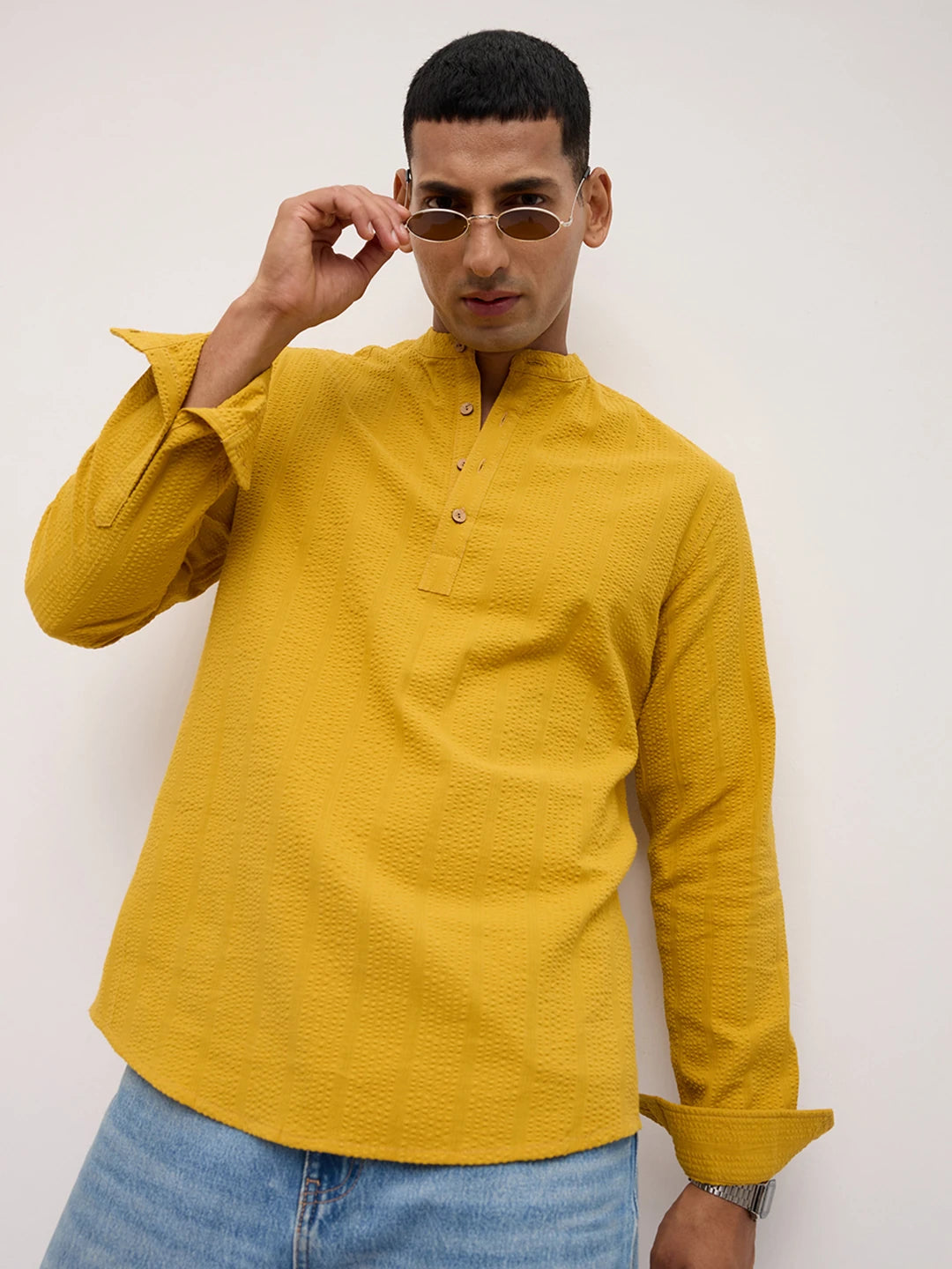 Luxe Mustard Yellow Seersucker Striped Kurta