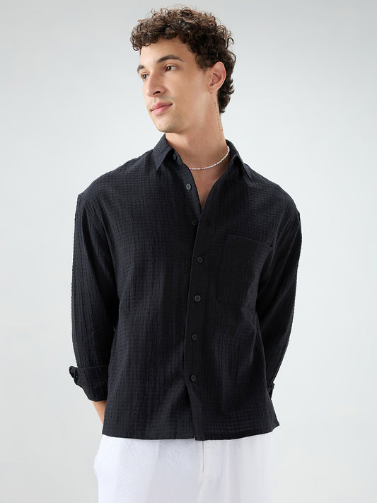 Deep Black Grid Jacquard Weave Boxy Fit Crop Shirt