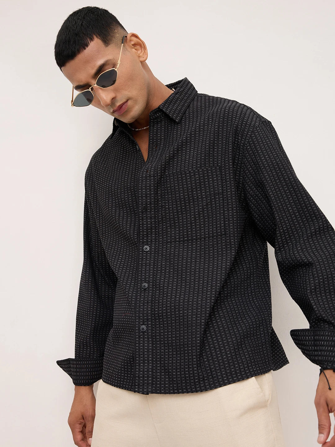 Denim Black Windowpane Textured Boxy Fit Crop Shirt