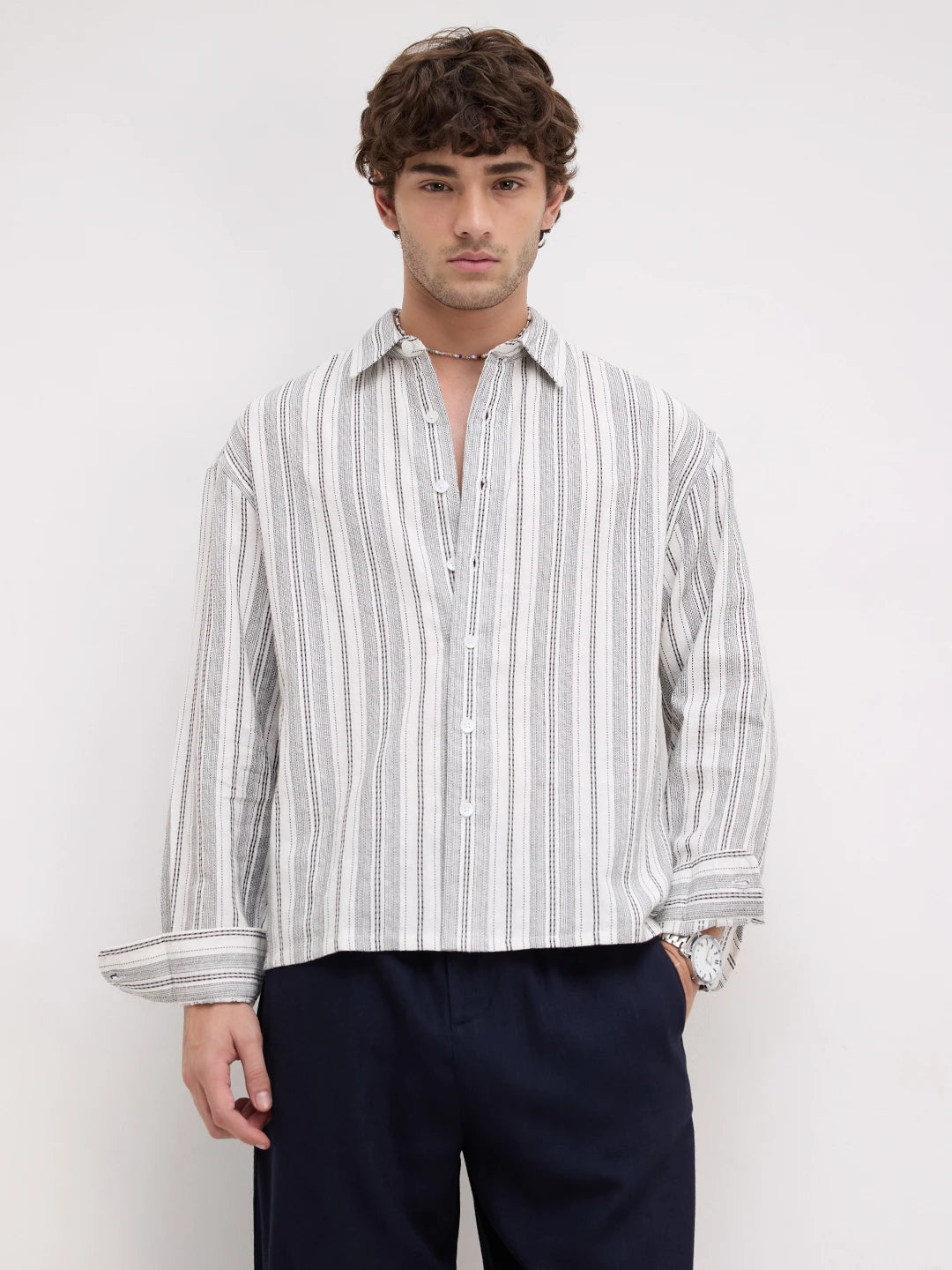 Refined Monochrome Striped Boxy Fit Crop Shirt