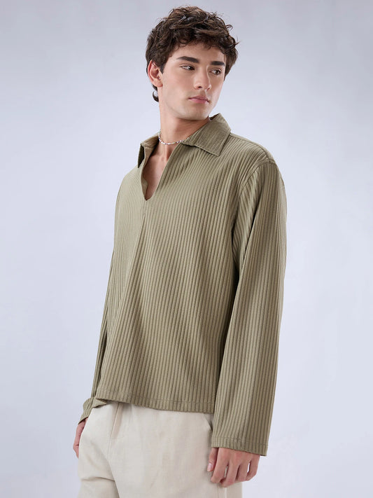 Olive Dual Weave Striped Oversized Polo Knit Shirt