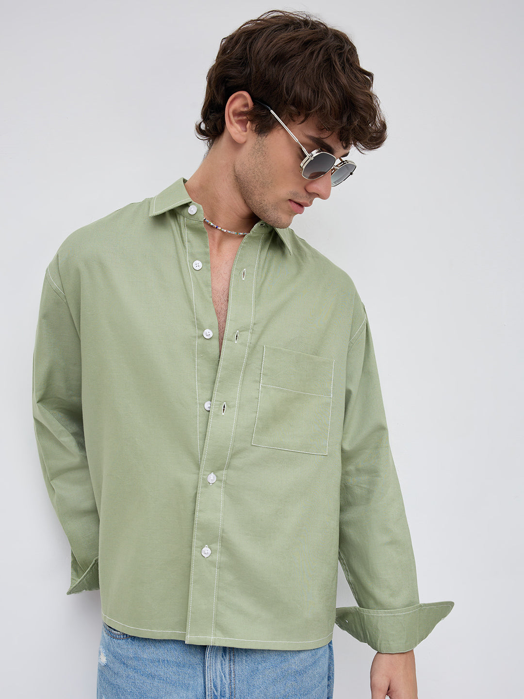 Sage Green Contrast Stitch Boxy Fit Crop Shirt